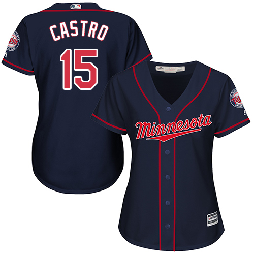 Women's Majestic Minnesota Twins #15 Jason Castro Authentic Navy Blue Alternate Road Cool Base MLB Jersey