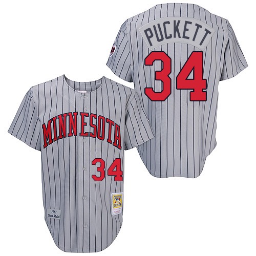 Men's Mitchell and Ness 1987 Minnesota Twins #34 Kirby Puckett Authentic Grey Throwback MLB Jersey