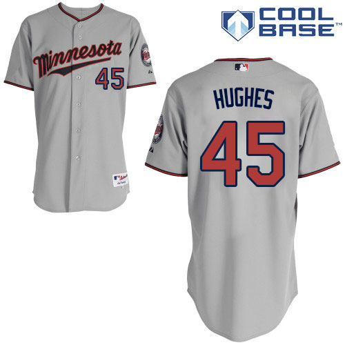 Men's Majestic Minnesota Twins #45 Phil Hughes Replica Grey Road Cool Base MLB Jersey
